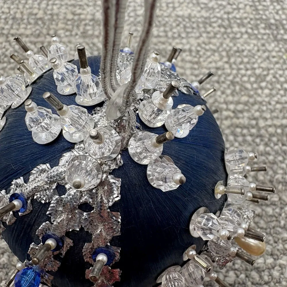 Vtg Silky Blue Christmas Ornament ‎ Pin Satin Beaded With Tassel Unique